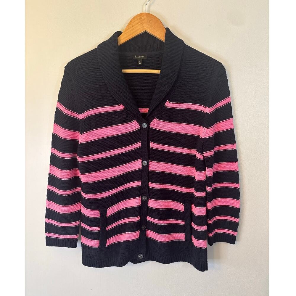 Talbots Navy Pink Striped Shawl Collar Sweater with Pockets Size Large